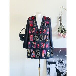 Splendiferous Vintage 70s 1970s Black Red Patchwork Jacket Long Line L